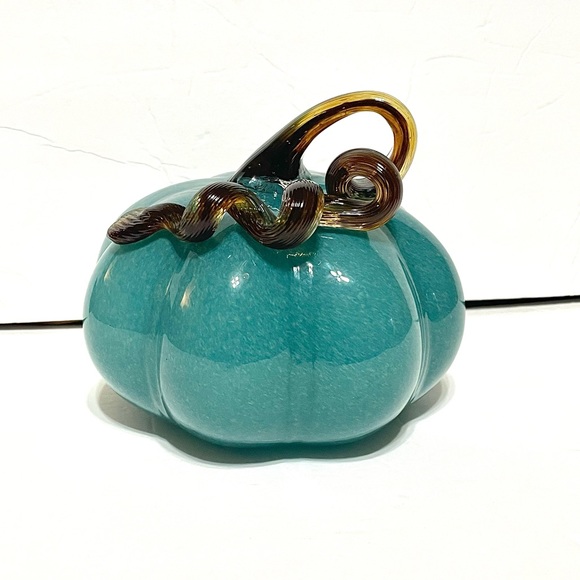 Dusty Blue Blown Glass Pumpkin With Brown Curly Stem 6" - Picture 2 of 8